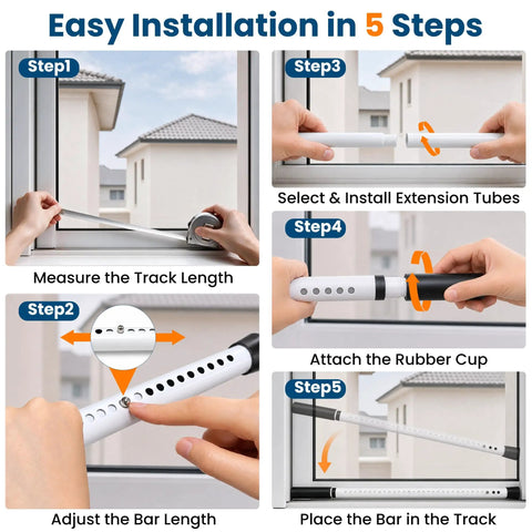 Easy installation guide for 2 Pack Heavy Duty Adjustable Security Bar For Sliding Doors And Windows in 5 steps.