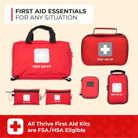Thrive Mini First Aid Kit by Amazon: 66-piece red travel set with multiple pouches and carry bag.