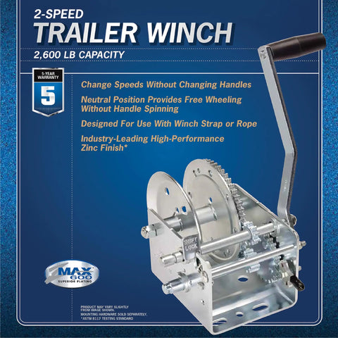 Two Speed Trailer Winch With 2,600 Lb Capacity, No Strap, 10 Inch Comfort Grip Handle, Silver Finish, Easy Shift Lock Mechanism