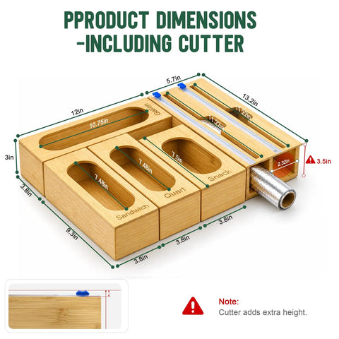 Premium Bamboo Kitchen Drawer Organizer With Five Slots For Snack Quart And Gallon Bags Plus Foil And Wrap Holder dimensions diagram.