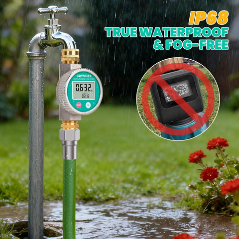 Metal Water Flow Meter Three Quarters Inch GHT Garden Hose Thread Brass Fittings Display in Garden