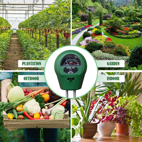 Three In One Soil Tester For Garden And Home With PH Meter Moisture Meter And Light Intensity Gauge No Battery Needed Indoor Outdoor Plant Test Kit For Home Gardens Lawn Houseplants And More Easy To Read Durable And Handy shown in use for plantation and indoor plants