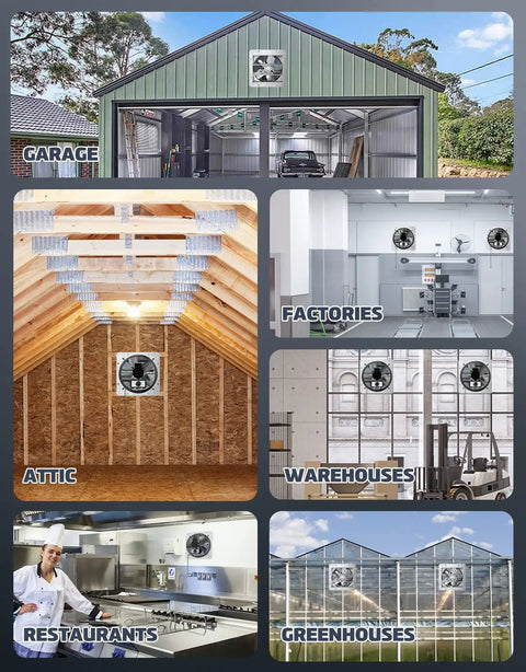 12 Inch Wall Mounted Shutter Exhaust Vent Fan With Thermostat in garage, attic, factory, warehouse, restaurant, greenhouse setups