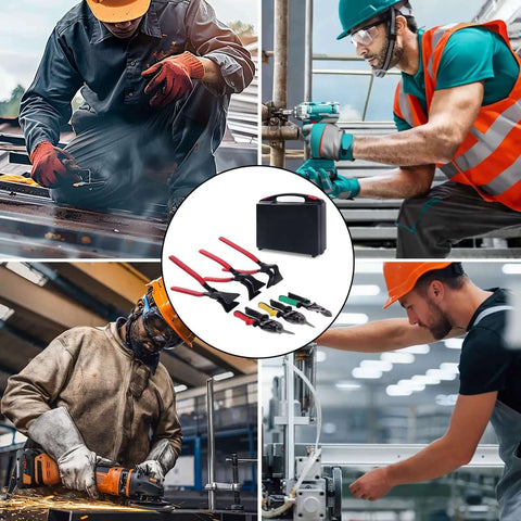 Collage showing workers using Six In One Sheet Metal Tool Set Pro Grade Heavy Duty Bending And Cutting Kit With Three Hand Seamers And Three Aviation Tin Snips For HVAC Roofing And Duct Work Plus Storage Case.