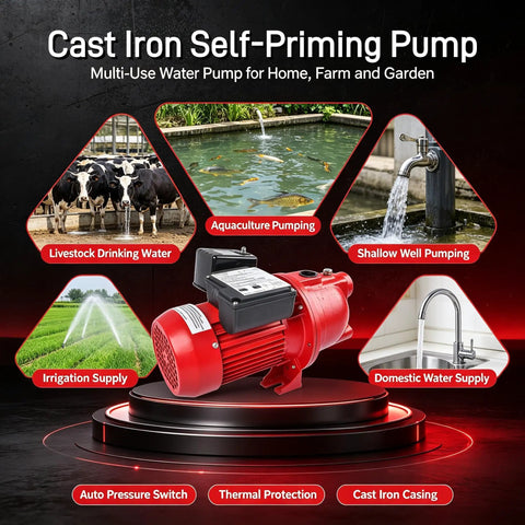 Heavy Duty Shallow Well Jet Pump Offering Kickin 3/4 HP Performance And A Straight 13 GPM Flow Rate With Zero Sweat Install with cast iron design.