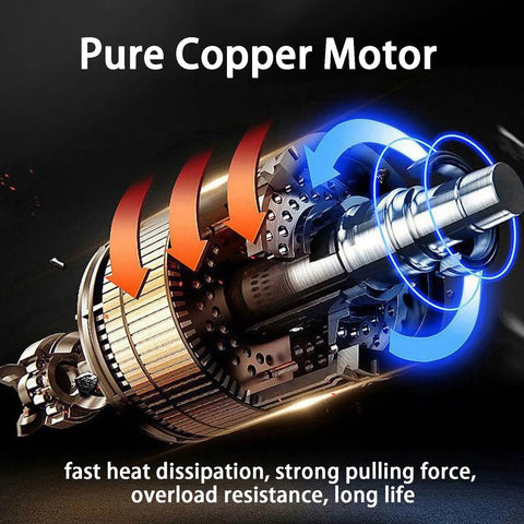 Pro Grade Cordless Electric Wire Puller With Slick Stepless Speed Dial And Bendable Guide Rod close-up of pure copper motor showcasing features.