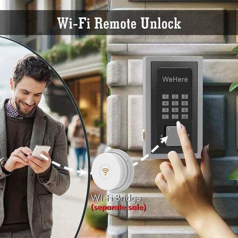 Smart Key Lock Box Wall Mount With Four Unlock Options Password App Bluetooth Wi Fi One Time Codes Remote Access Via Wi Fi Bridge Spare Key Safe For Home Airbnb Realtors Apartments And Stores showing Wi-Fi remote unlock on wall