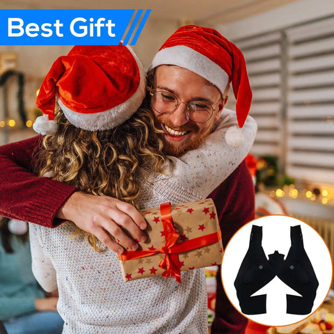 Couple in Santa hats hugging with gift, inset of Led Flashlight Gloves Rechargeable Hands Free Light For Fishing Camping Repairs And DIY Projects Must Have Gift For Men Dad Boyfriend Christmas Stocking Stuffers White Elephant Gifts