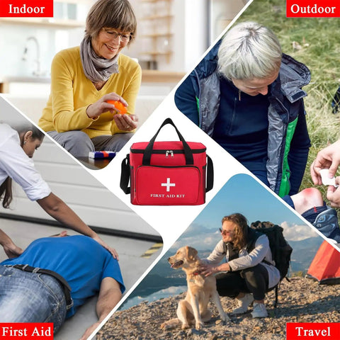 Collage showcasing the Emergency Medical Bag Organizer Large With Detachable Pouch for indoor, outdoor, first aid, and travel use.