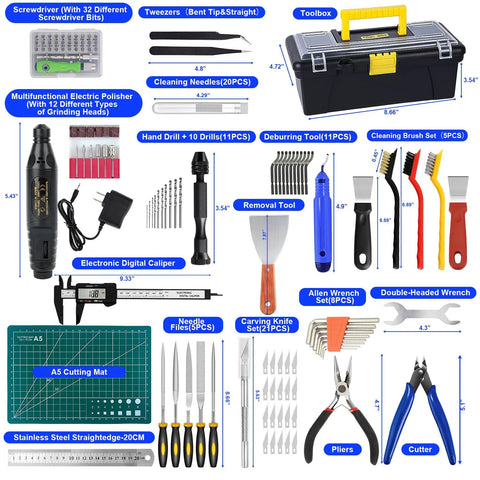 Front view of 135-piece 3D printer tools kit in a black toolbox with yellow handle; includes caliper and tweezers.