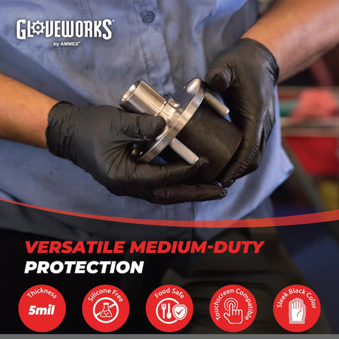 Black nitrile gloves on a technician's hands gripping a metal flange with bolts; GLOVEWORKS branding visible.