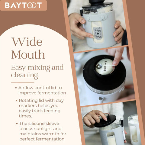 Sourdough Starter Jar Kit With 33 Oz Capacity Upgraded 2026 Design Thick Glass Base Airflow Lid Feeding Marker And Spatula Included For Easy Fermentation And Monitoring Ideal For Home Bakers Grey, featuring wide mouth for easy mixing and cleaning, shown in different angles.