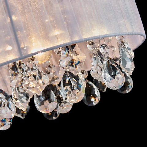 Close-up of Dope Modern Crystal Chandelier Ceiling Light Fixture With White Fabric Shade And Chrome Finish, 13 Inch Diameter By 14 Inch Tall