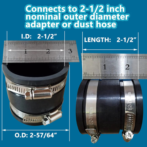 2 Pack 2.5 Inch Dust Control Flex Hose Cuff Connectors For Dust Collection Hose Fits 2-1/2 Inch Systems With 4 Stainless Steel Clamps.