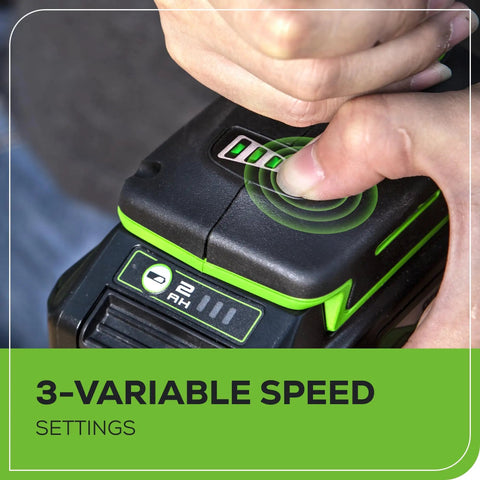 Close-up of 3-variable speed setting on 24V Brushless Cordless Impact Driver Kit with 2650 inch pounds torque and USB power bank battery.