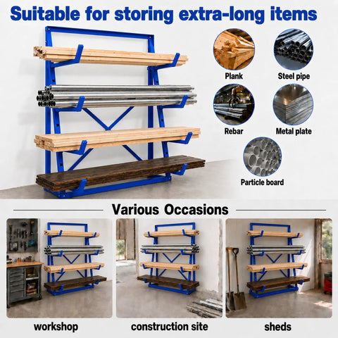 Built Like A Tank Four Tier Cantilever Rack For Heavy Lumber And Pipe Storage Made From Strong Alloy Steel Holding Up To Two Thousand Four Hundred Pounds For Garage Workshop Daily Grind with lumber and pipes.