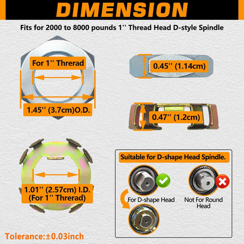 Dimensions of Beefy Heavy Duty D Style Trailer Spindle Nuts And Retainers Kit For 2000 To 8000 Lbs 1 Inch Thread Head