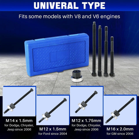Long Reach Crank Pulley Underdrive Damper Installation Tool Kit showing 4 adapters, nut, and blue case for V8 V6 engines.