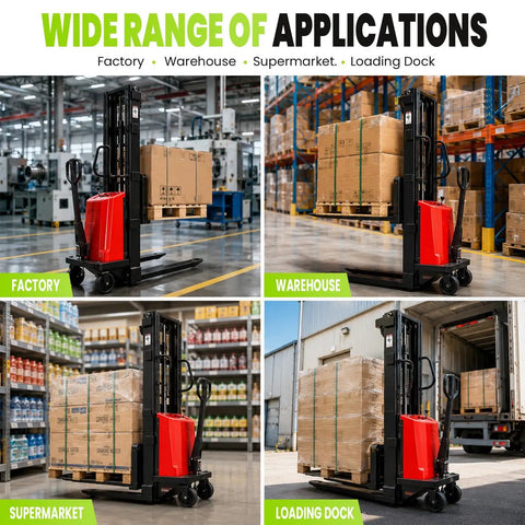 Heavy Duty 3500 Lbs Full Electric Pallet Stacker With Massive 98 Inch Lift Height For High Shelves And Powerful Walkie Control System in factory and loading dock.