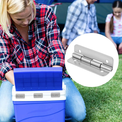 Woman using a blue cooler with Stainless Steel Cooler Hinges Kit For Igloo Ice Chests 50 to 165 Qt, close-up in inset.