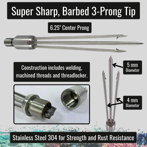 36 Inch Travel Ready Underwater Spear For Lionfish Frog And Flounder Gigging with stainless steel barbed 3-prong tip closeup.