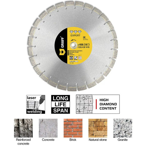 Laser Welded Diamond Blade 16 Inch for heavy duty cutting reinforced concrete, stone, marble, granite, brick, masonry