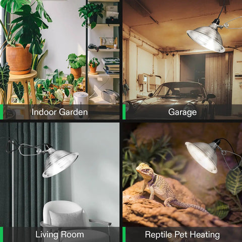 Heavy Duty Clamp Lamp Set With Detachable 8.5 Inch Aluminum Reflector in use for indoor garden, garage, living room, reptile heating