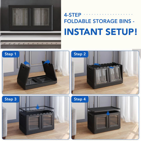 4-step setup of Heavy Duty 228 Quint Stackable Storage Bins With Lids, Black Collapsible Crates for garage and closet.