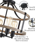 Farmhouse 4 Light Ceiling Fixture, 18-Inch Rustic Drum Cage Semi Flush Mount Light In Black And Wood Grain Finish