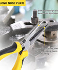 Six Inch Long Nose Pliers from Five Piece Pliers Set With Eight Inch Groove Joint Pliers, ergonomic yellow handles in a workshop setting.