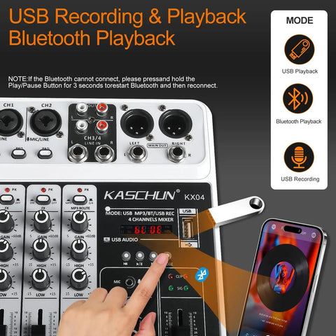 Close-up of 4 Channel DJ Mixer with Bluetooth and USB MP3 Input, hand adjusting settings, visible interface and display screen.
