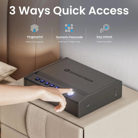 Hand reaching for the Ready To Go Eight Point Two Pound Heavy Duty Biometric Gun Safe With Quick Access Pistol Safe and 100 Fingerprints.