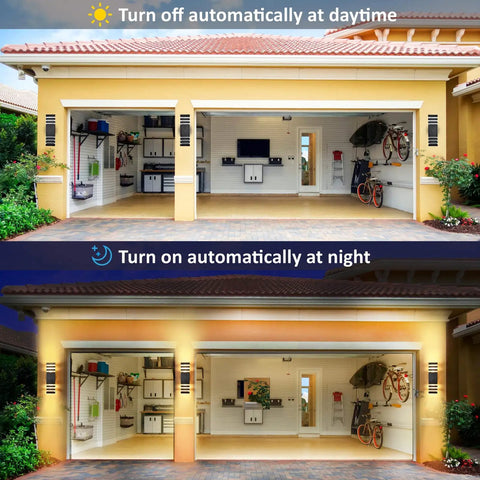 Outdoor Dusk To Dawn Wall Lights 2 Pack Up And Down Porch Lights For House Garage And Patio No Fuss Auto Sensor Energy Saving Night Auto On Off Weatherproof And Durable lighting up a garage at night while off during the day