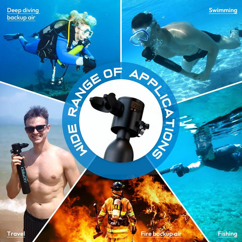 Wide applications of Ultra Portable Mini Scuba Tank With Pump For Snorkeling And Training, 0.5L Lung Tank, in various activities.