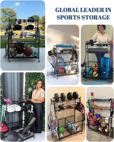 Collage of Garage Ball Storage Organizer With Rolling Cart And 2 Large Bins, Wire Mesh Basket And Tier Ball Rack for sports gear