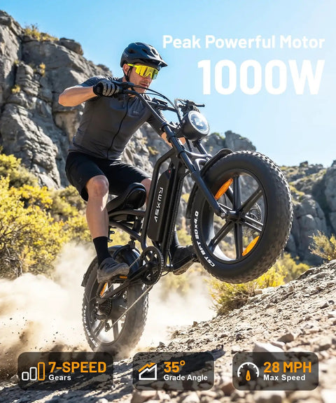 Rider on Electric Fat Tire E Bike With Beast Power 750W Continuous And 1000W Peak climbing rocky trail, 20-inch wheels