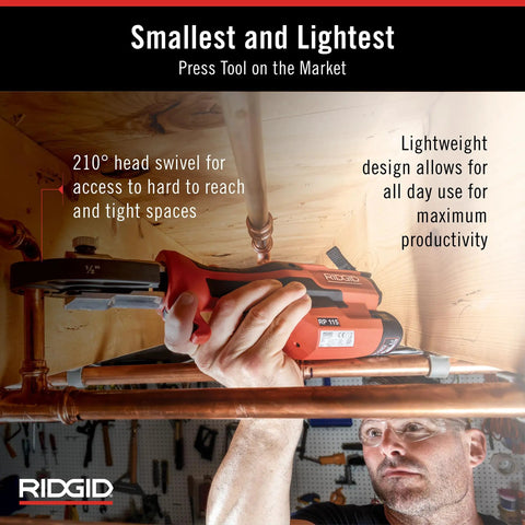 Worker using Ultra Lightweight Mini Press Tool Kit With ProPress Jaws For One Half To Three Quarters Inch in tight space.