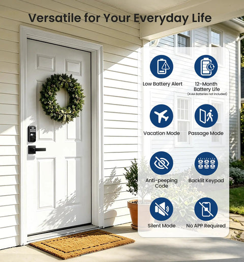 Heavy Duty Keyless Entry Deadbolt Lock Paired With Smooth Lever Handle Set In Matte Black Touchscreen Security Keypad For Front Door with wreath