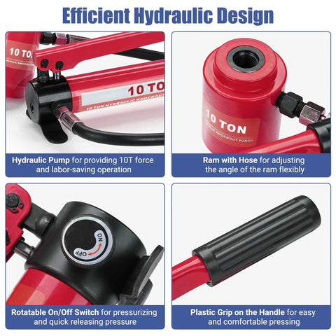 Heavy Duty 10 Ton Hydraulic Knockout Punch Set Rugged Pro Workhorse with hydraulic pump, adjustable ram, on/off switch, and grip handle.