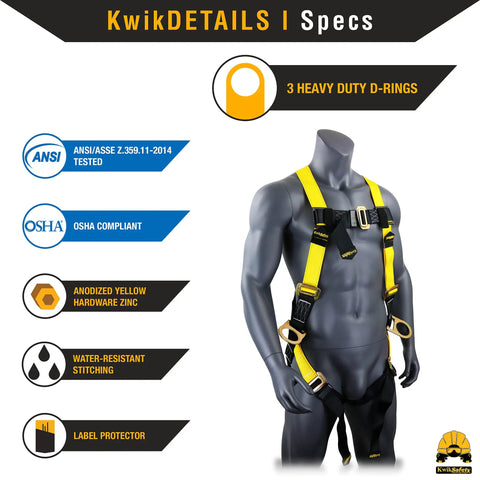 Heavy Duty Double Leg Safety Lanyard With 3 D Ring Harness And External Shock Absorber, Extends From 6 Feet To 7 Feet 2 Inches.