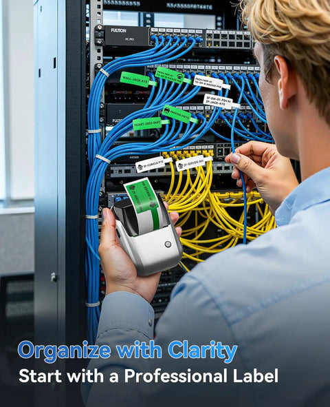 Person using Wireless Bluetooth Label Printer For Home Organization 2 Inch Compact Sticker Maker app on cables in server rack.