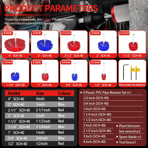 Image of 9 Piece PVC Pipe Reamer Kit With Aluminum Head Reamers, sizes from 1/2 inch to 4 inch, red and blue color options.