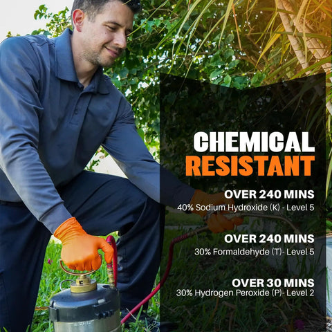 Man wearing Ultra Thick 8 Mil Orange Nitrile Gloves With 3D Raised Diamond Texture Latex Free And Powder Free For Industrial And Mechanic Jobs Heavy Duty Grip For Tough Jobs Size X Large Pack Of 10, handling a chemical sprayer.