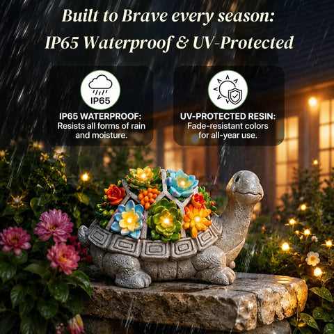 Solar Turtle Garden Statue With Succulent Holder And Seven LED Lights For Patio Yard And Balcony Decor A Cool Gift For Mom Grandma Wife Sister And Friends That Delivers Chill Nighttime Vibes, shown in a garden setting with IP65 waterproof and UV protection.