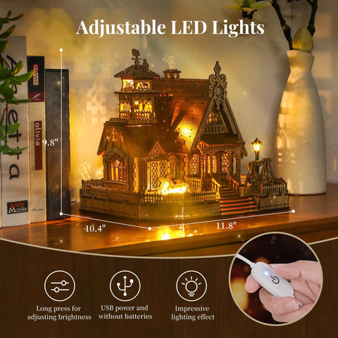 3D Wood Puzzle Countryside Cottage Kit With Spark LED Lights displayed on a shelf with adjustable LED lights
