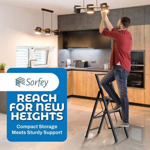 3 Step Folding Step Ladder With Bamboo And Black Aluminum Dope Ultra Slim Profile Non Slip Treads Lightweight Yet Durable For Home Office Kitchen Photography And DIY Projects Portable, man changing kitchen light