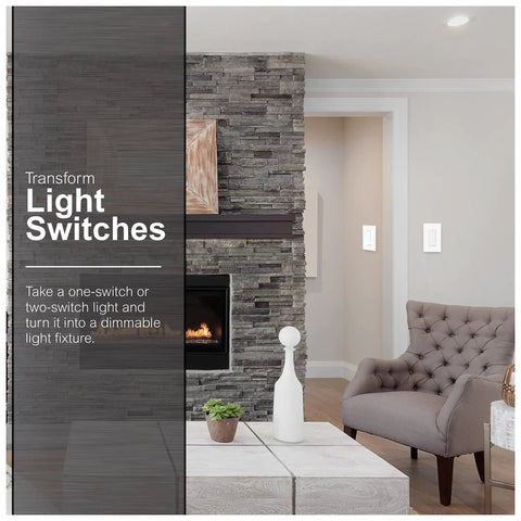 Living room with modern decor showing Rocker Dimmer Switch For LED Lights With On Off Paddle Full Range Dimming Single Pole Or 3 Way Energy Saving UL Listed White Finish Easy Install No Fuss Sleek Wall Plate Switch on wall.