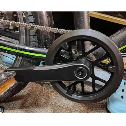 Kid Friendly Bike Crankset With Adjustable Lengths 76mm To 165mm Square Hole Double Chainring Set 25T To 36T Forged Aluminum 6061 T6 Black Finish Replacement Chain Guard on bicycle