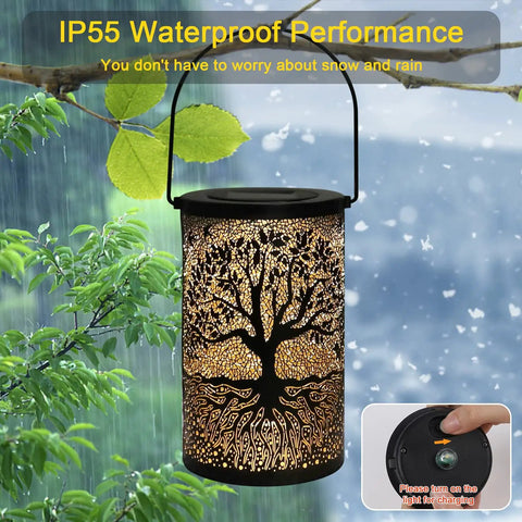 Outdoor Solar Lantern With Waterproof Build Hang Or Stand Light For Balcony Patio And Garden Decor with tree design.