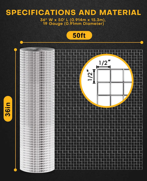 Half Inch Hardware Cloth Mesh 36 X 50 Ft 19 Gauge Hot Dipped Galvanized Fence Wire roll image with size chart